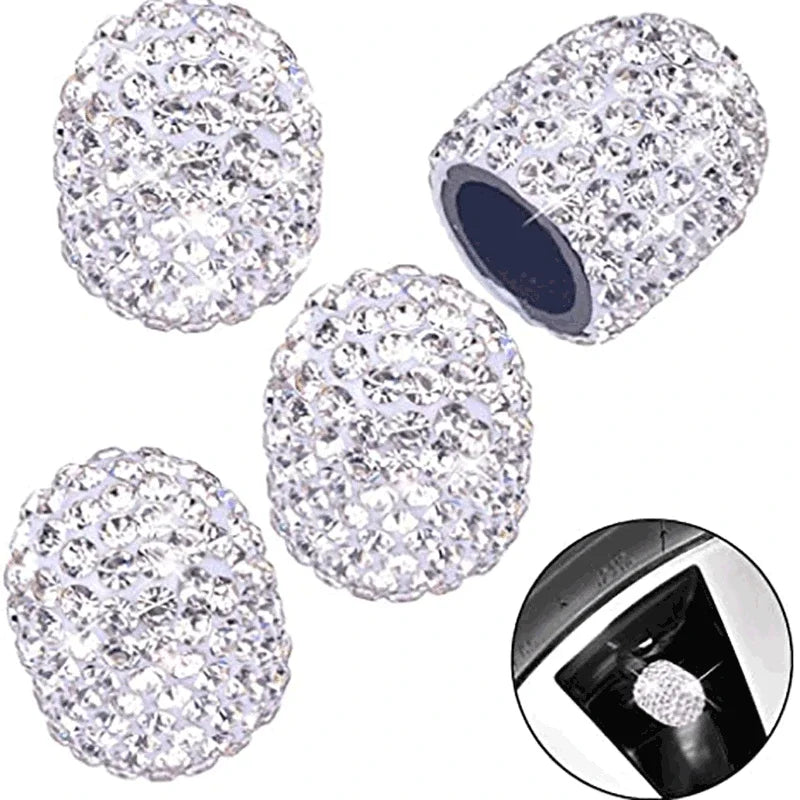 A set of crystal diamond finish tire valve caps shown in various angles.