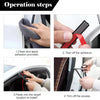Four steps showing how to clean, apply, tear off adhesive, and trim a car door soundproofing seal.