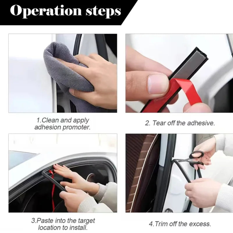 Four steps showing how to clean, apply, tear off adhesive, and trim a car door soundproofing seal.