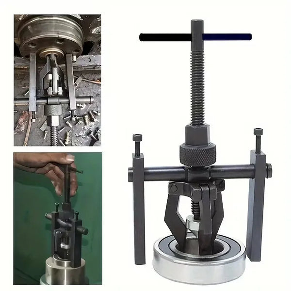 A black three-claw bearing puller tool used for internal and external removal of bearings.