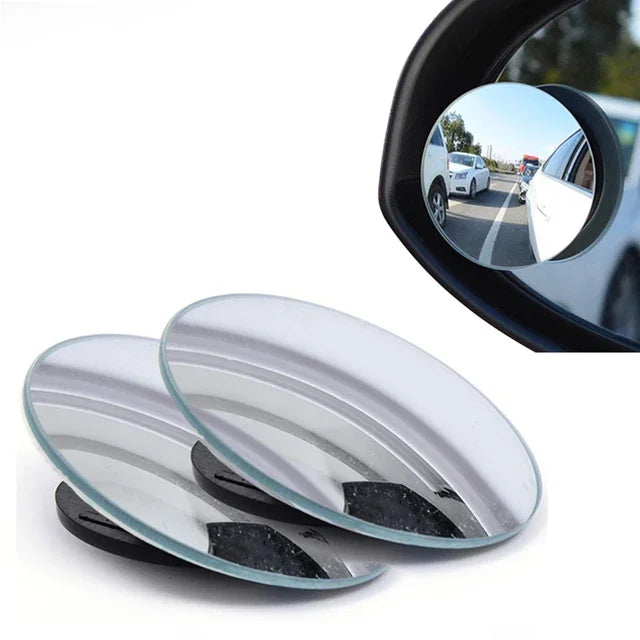 A 360° rotating suction cup blind spot mirror for cars shown next to a mounted view in a car window.