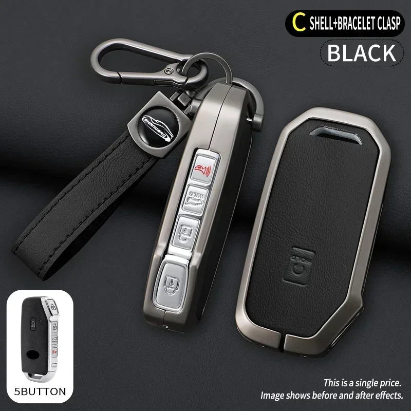 Black shell bracelet clasp key fob cover for Kia vehicles shown with accessories and different views
