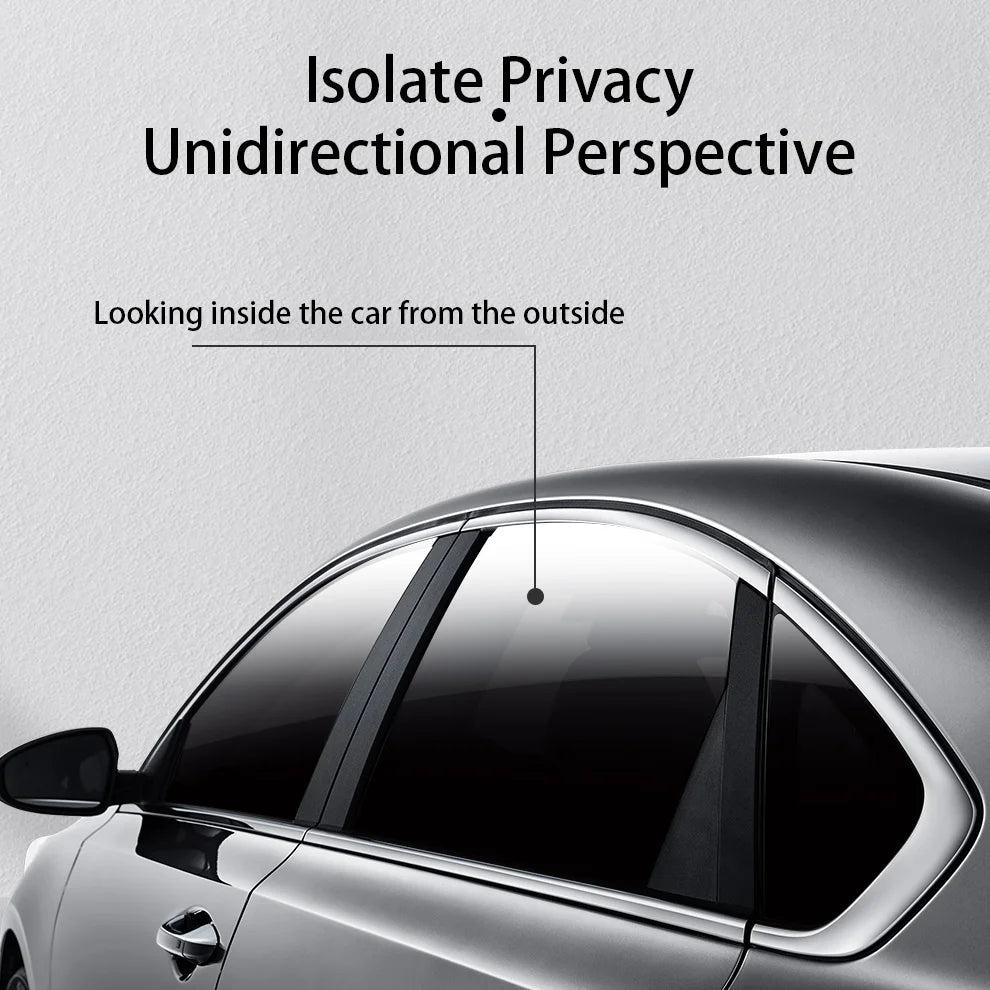 A car window showing a unidirectional perspective of privacy film looking inside from the outside.