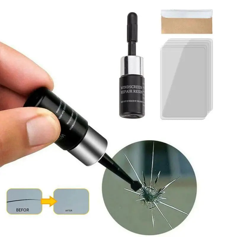 A kit for repairing cracks in car glass, showing before and after results.