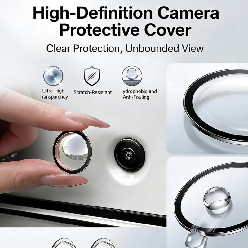 A hand is placing a clear protective cover over a camera lens on a white surface, demonstrating high-definition protection.