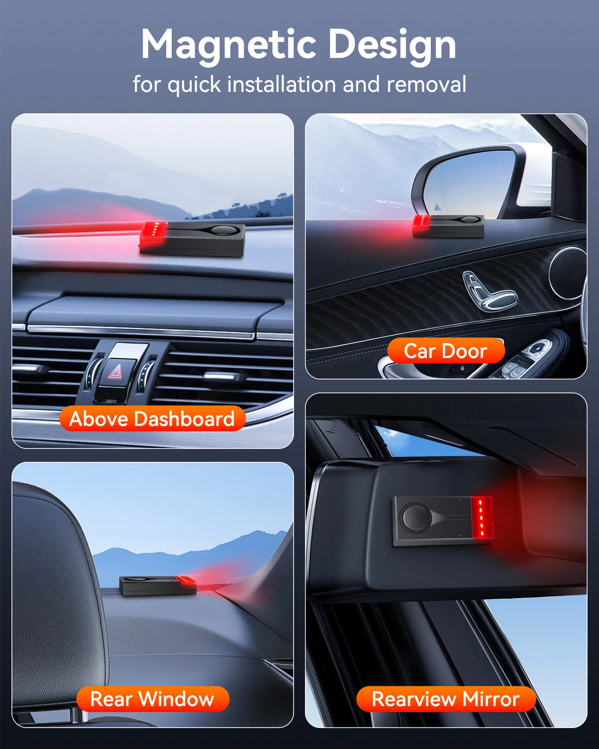 Magnetic design for quick installation and removal of car anti-theft vibration alarms on dashboard, door, window, and mirror.