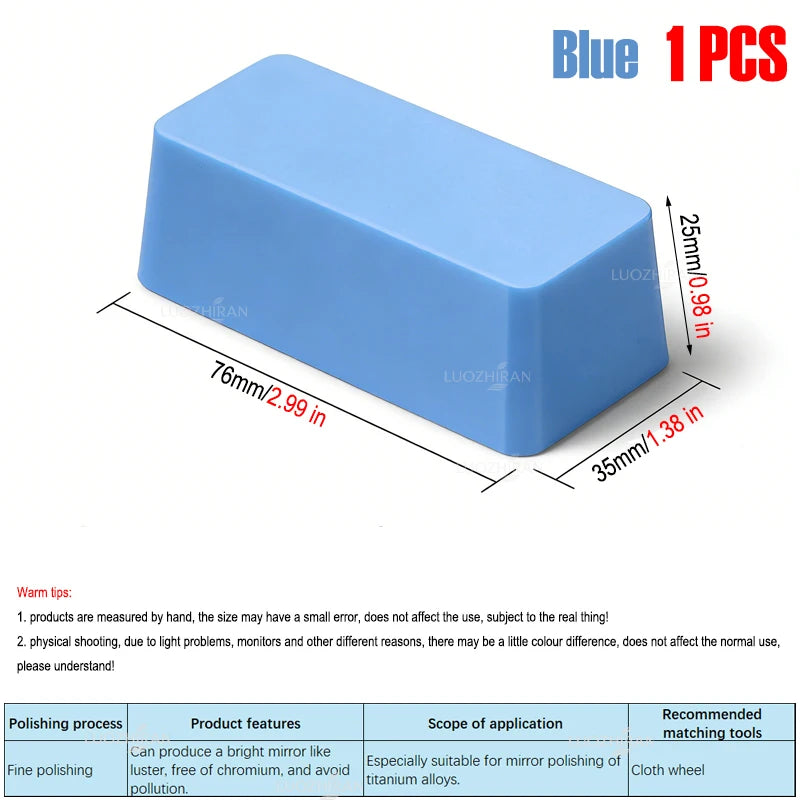 A light blue rectangular polishing wax bar with dimensions 76mm by 35mm.