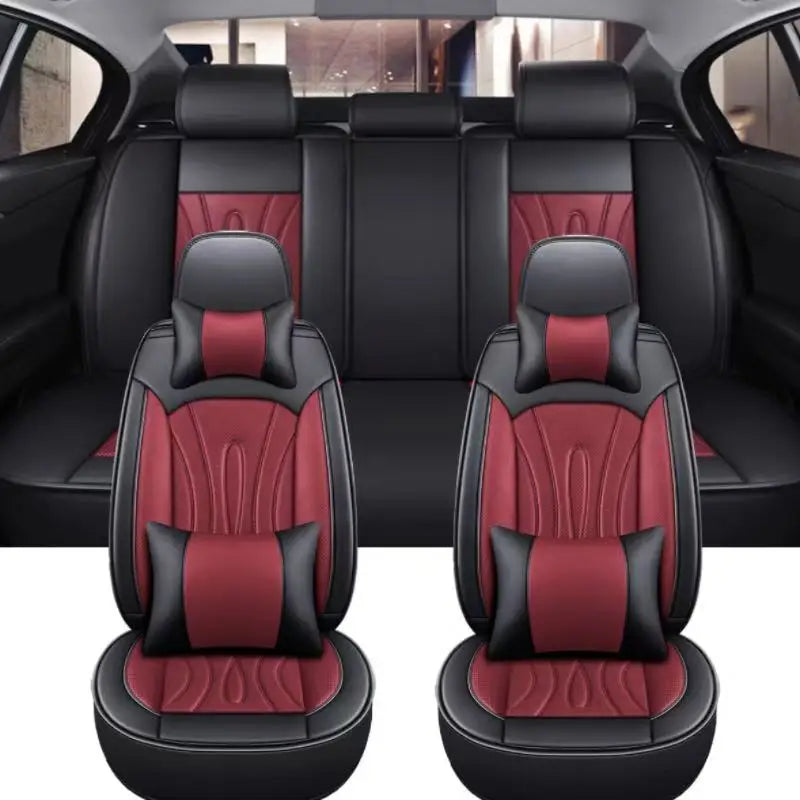 Black and red premium PU leather car seat covers shown in a vehicle interior.