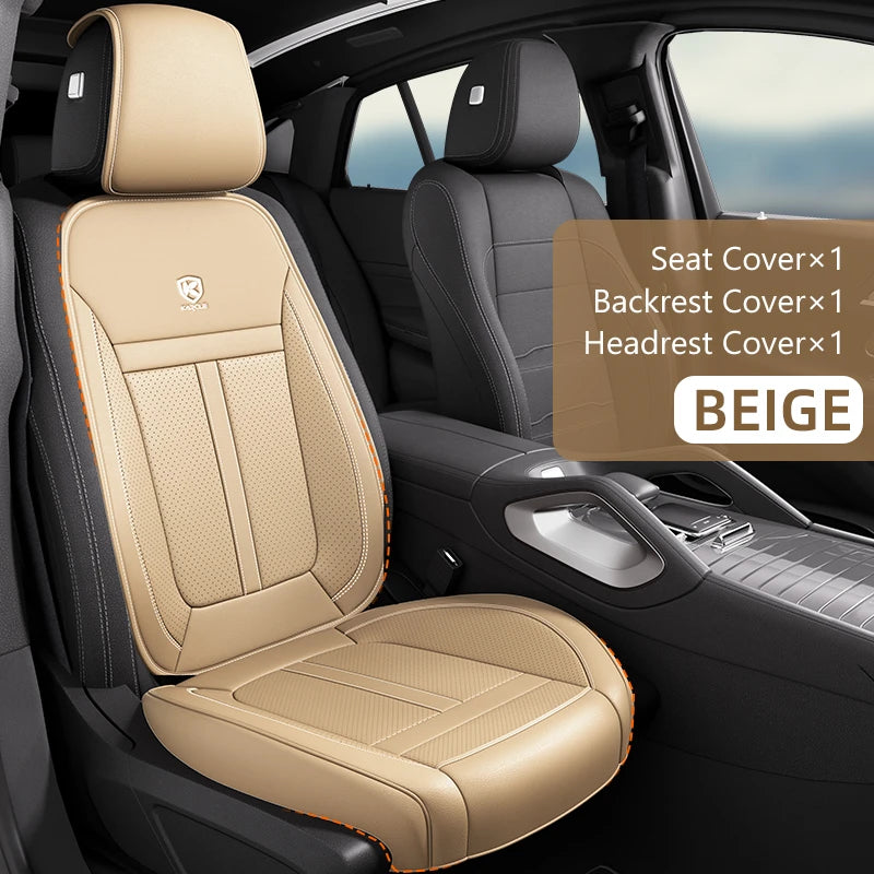 Beige 360° Nappa leather car seat covers including seat, backrest, and headrest covers for a vehicle interior.