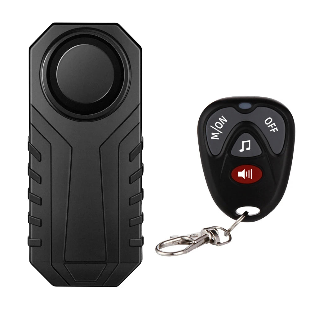 A black wireless bicycle and motorcycle alarm system featuring a main unit and a remote control.