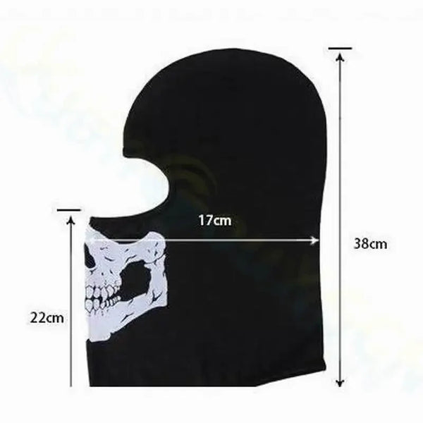 Black full face balaclava with a cutout for the face, showing its dimensions.