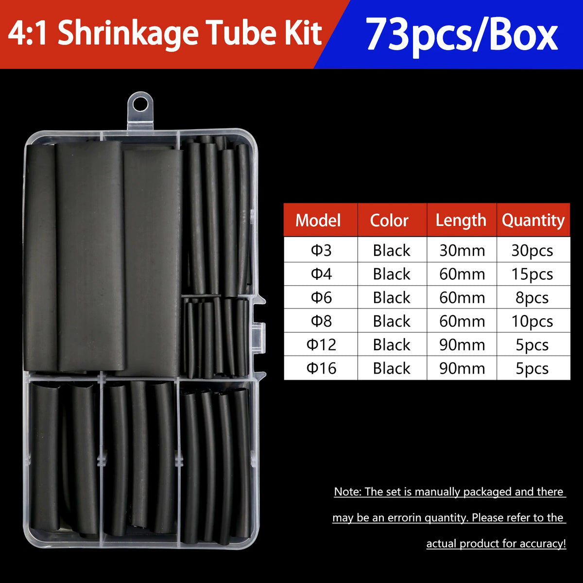 A box of 4:1 shrinkage tubing kit containing various black heat shrink tubes with different diameters and lengths.