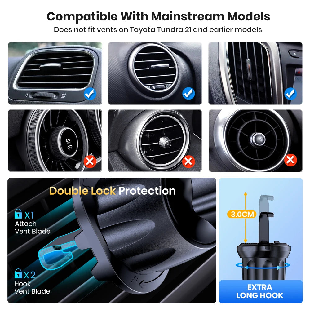 A double lock protection vent blade product with an extra long hook shown on a car air vent.