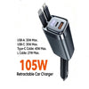 A black retractable car charger with multiple USB ports and a 105W output.
