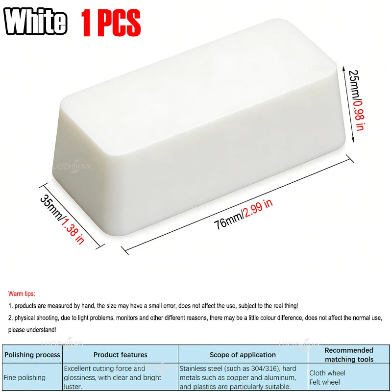 White 1 piece polishing wax bar with dimensions 35mm x 76mm and a 25mm height.