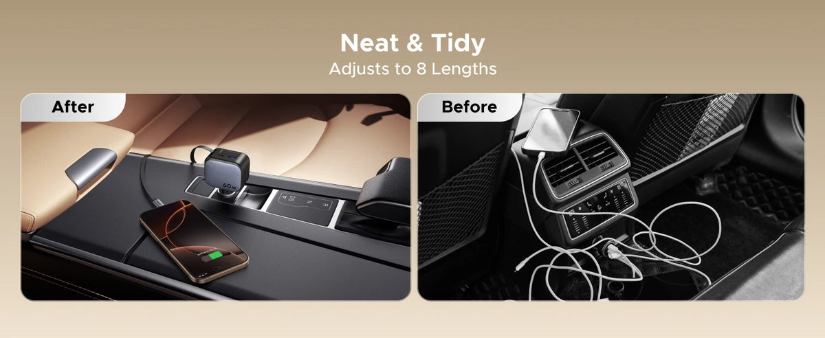 Before and after comparison of a neat and tidy car charger setup for fast device charging.