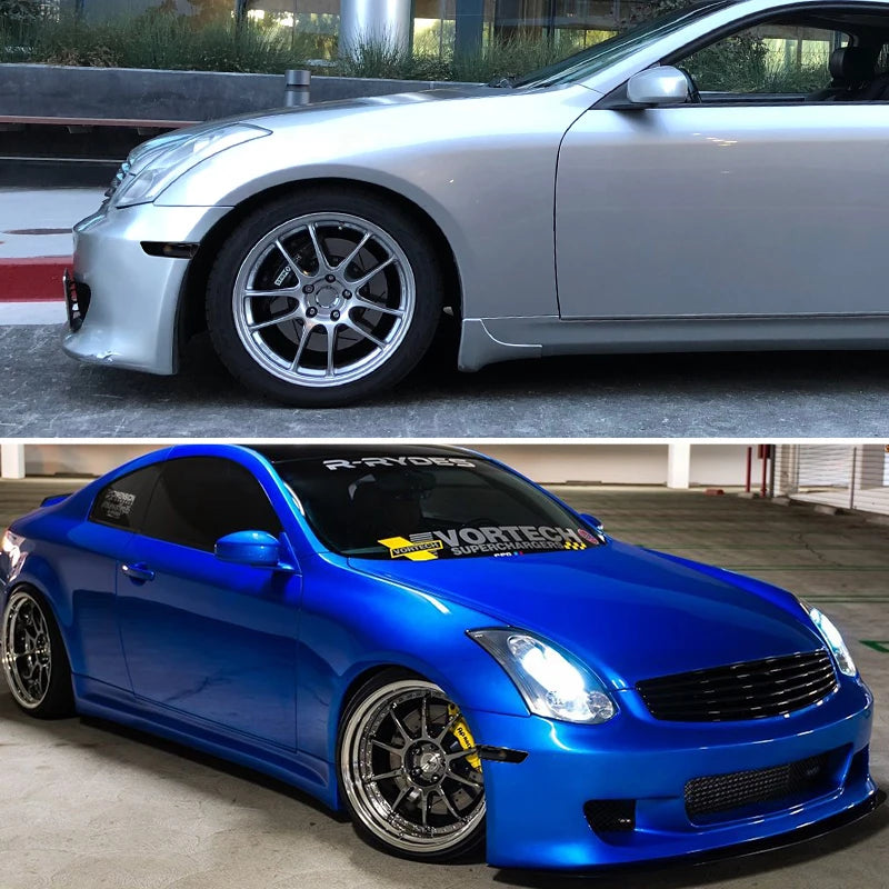 A blue Infiniti G35 sports car with smoked lens side marker light housings.