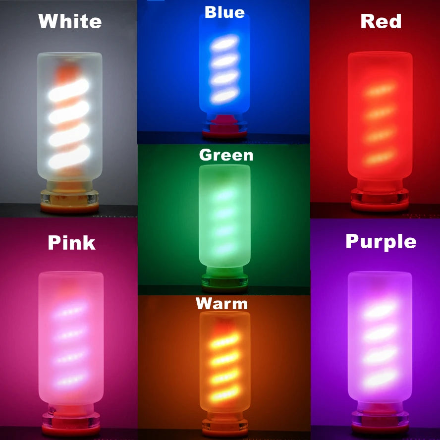 Grille montrant diverses couleurs d'une veilleuse filament LED USB à variateur, incluant blanc, bleu, rouge, vert, rose, viol