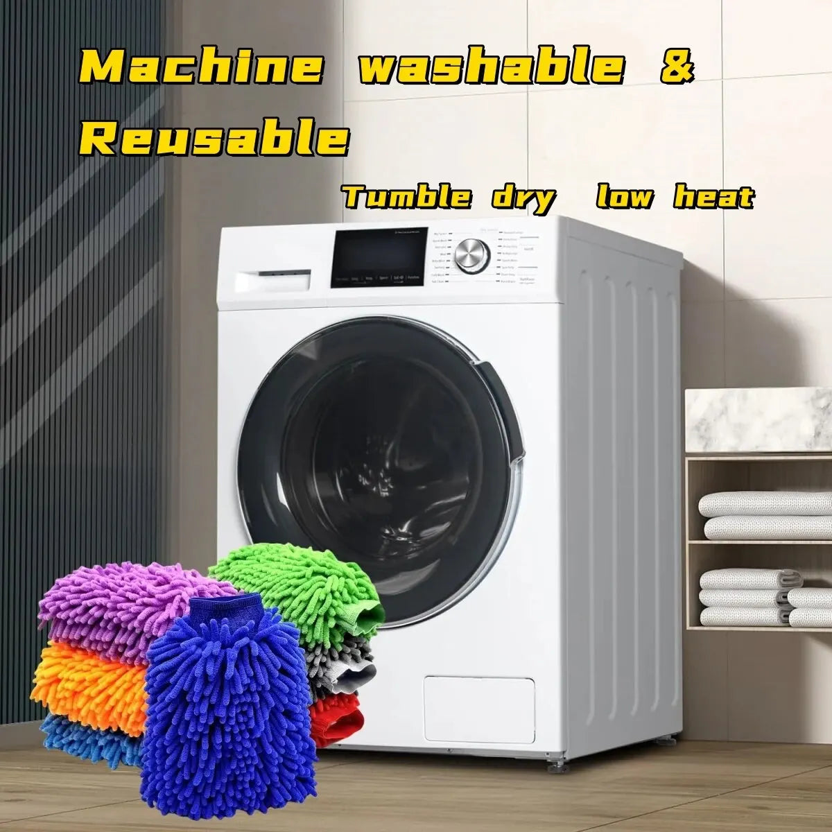 A white washing machine is shown with purple, green, blue, and orange microfiber wash mitts in front of it.