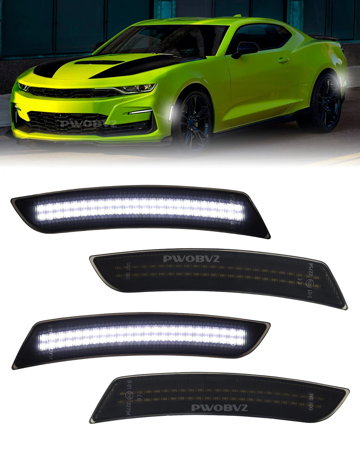 A bright lime green Chevrolet Camaro with aftermarket LED turn signal lights installed.