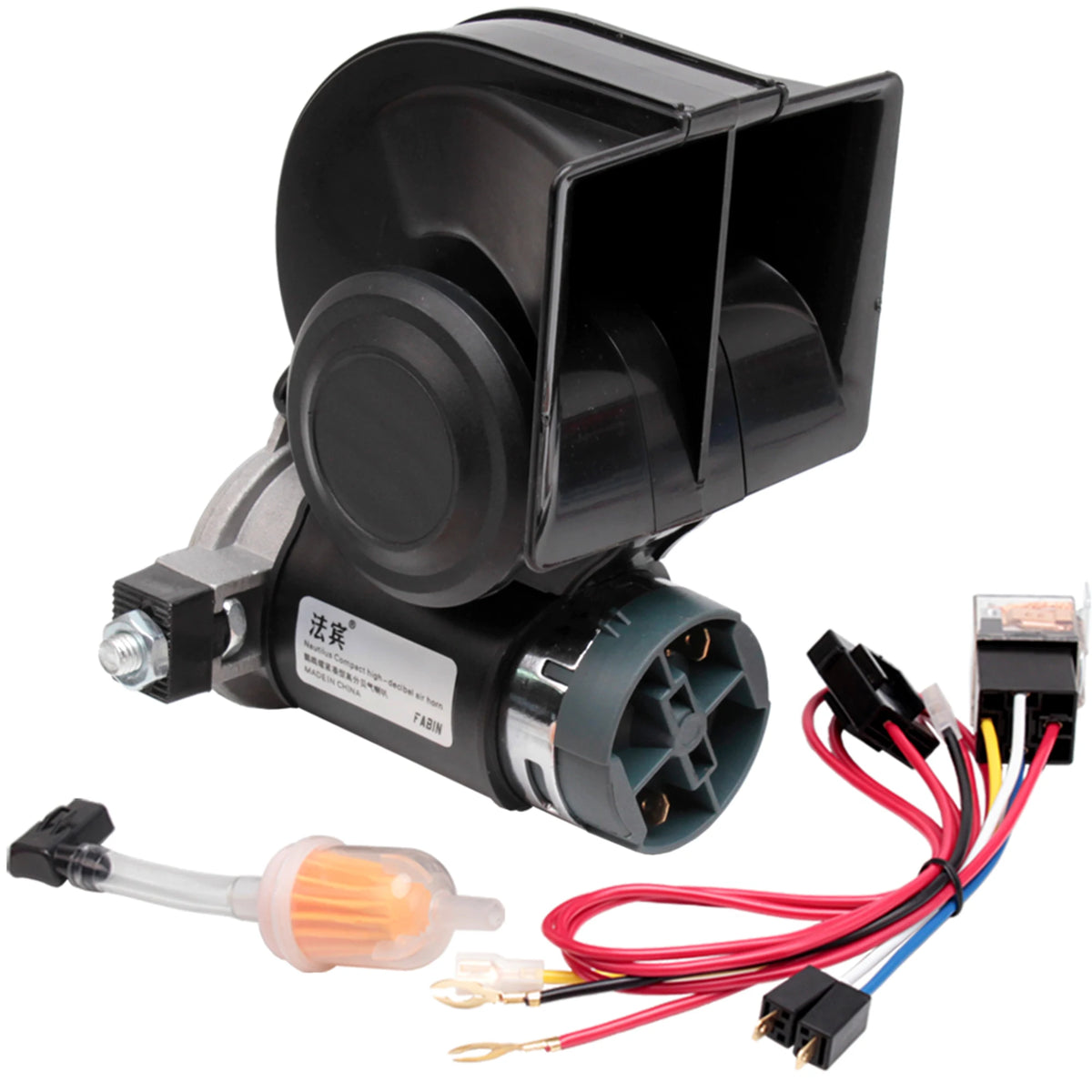 A black dual tone car horn assembly with wiring and mounting hardware.