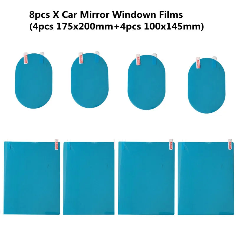 Eight pieces of blue car mirror window films, including 4 pieces of 175x200mm and 4 pieces of 100x145mm.