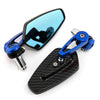 A set of blue aluminum handlebar side motorcycle rearview mirrors, including a mirror and mounting bracket.
