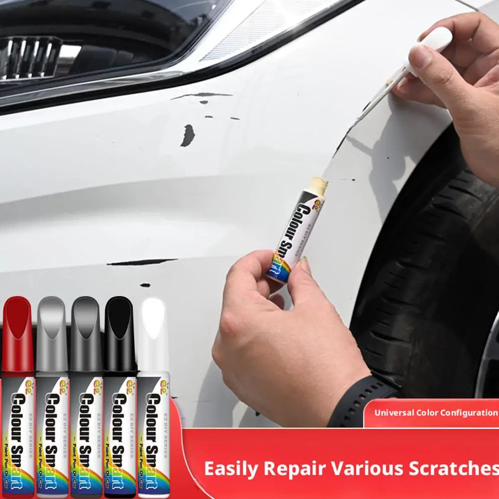 A hand applies Colour Sm pen to repair scratches on a white car surface.