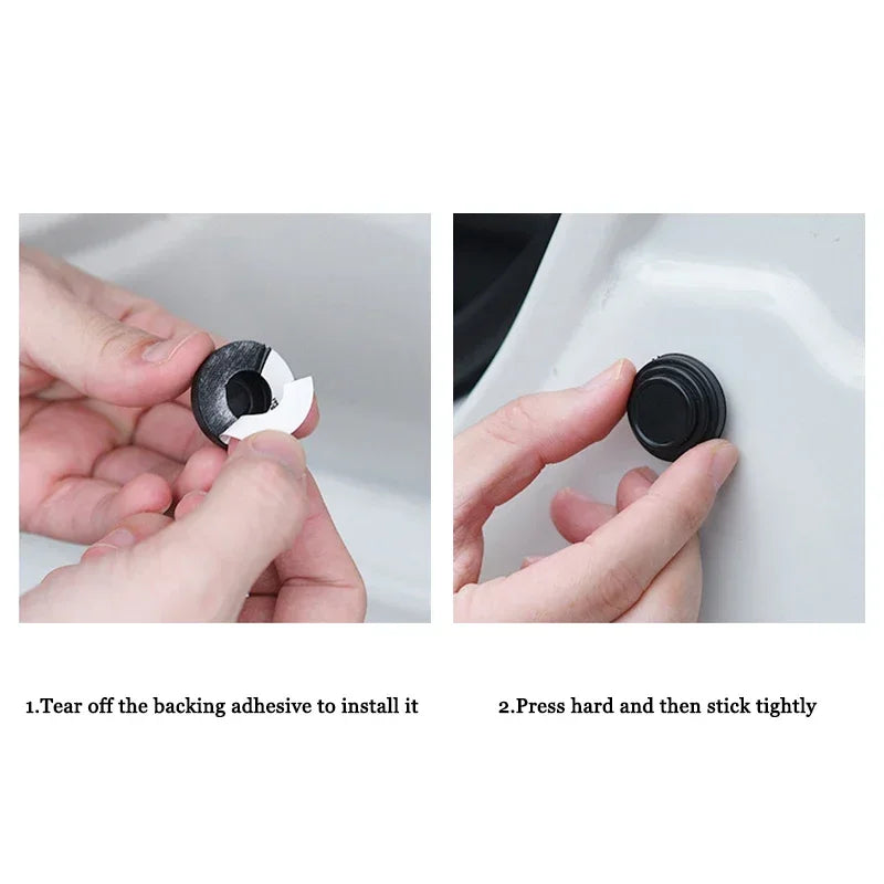 Instructions showing how to tear off backing adhesive and press silicone pads onto a car door