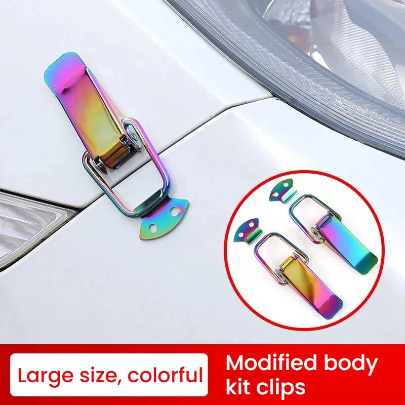 A close-up of colorful modified body kit clips used as latch pins for a car hood or bonnet.