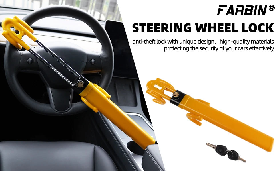 A yellow heavy duty adjustable steering wheel lock is shown installed on a car steering wheel.
