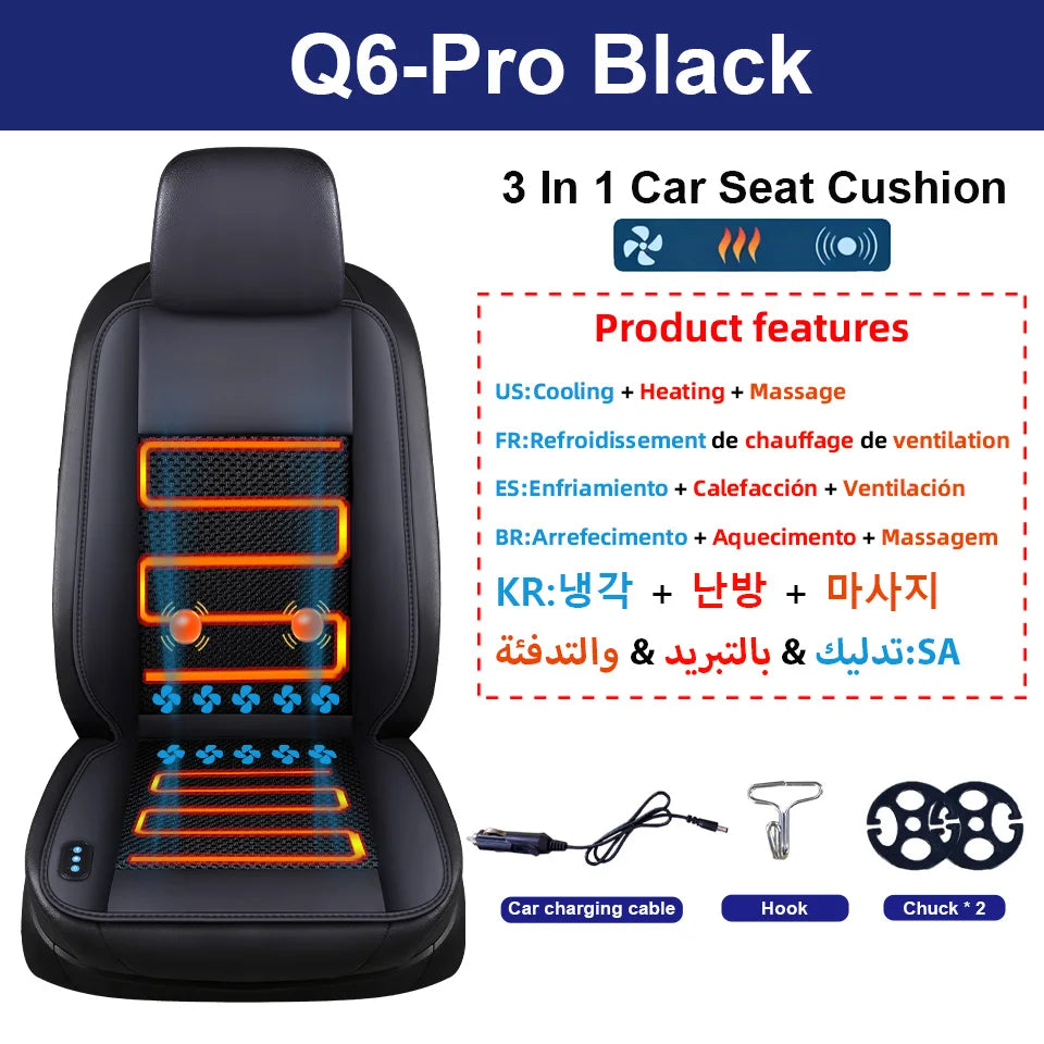 Black Q6-Pro 3 in 1 car seat cushion with heating, massage, and ventilation features