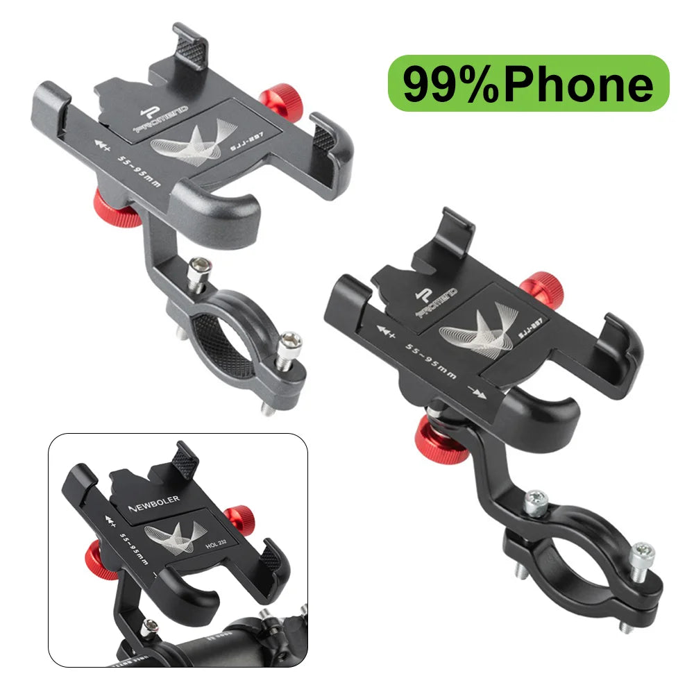 Black adjustable aluminum phone mount designed for bicycles, shown in various angles.