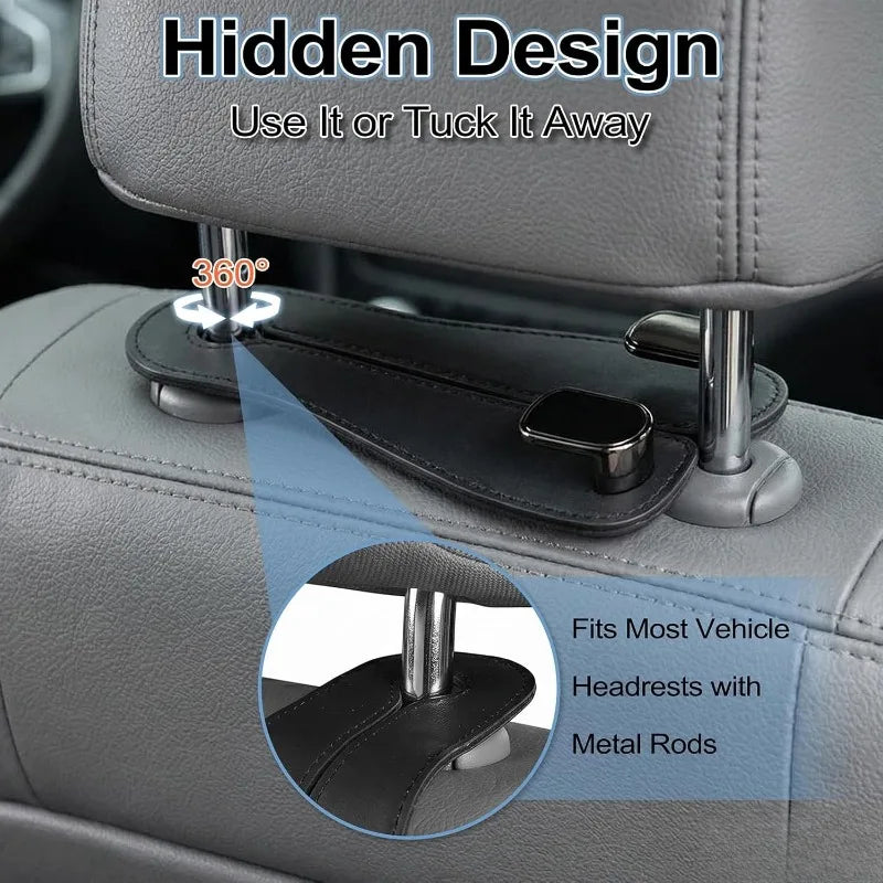 A close-up of a hidden design car headrest hook system used for storage organization.