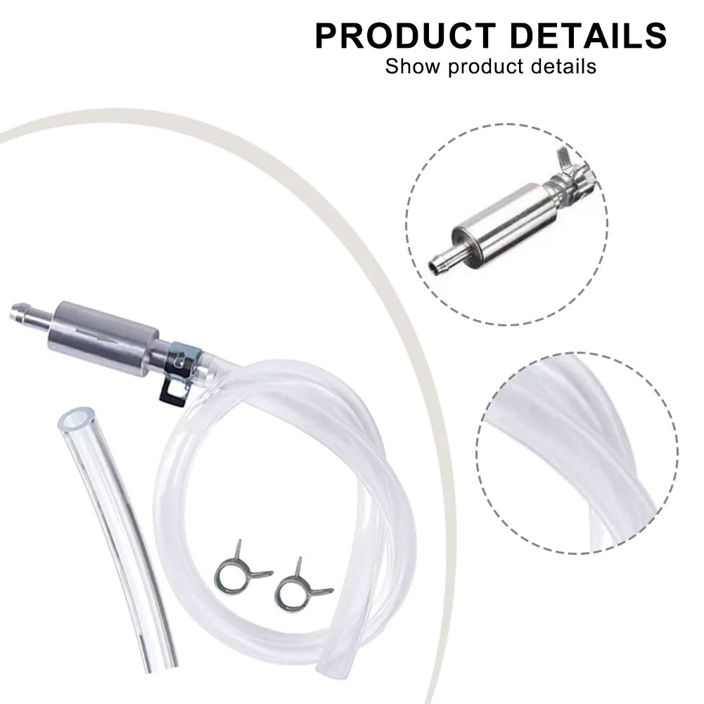 A clear silicone brake bleeder hose with a metal fitting and one-way valve is shown in various views.