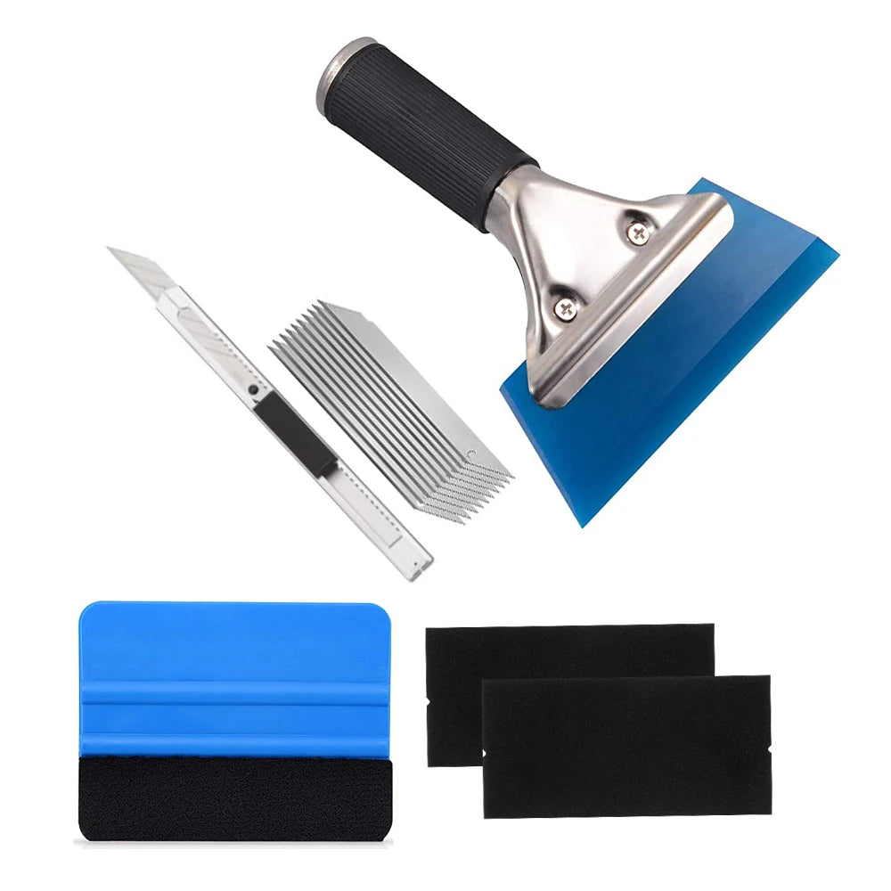 A professional car window tinting tool kit showing a metal tool, blue plastic, and black rubber pads.