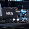 A packing list shows a blue power tool, various accessories like nozzles and brushes, and a black tool bag.