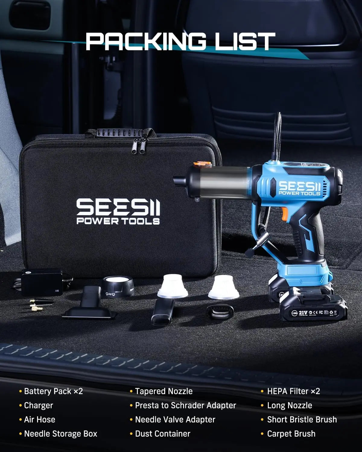 A packing list shows a blue power tool, various accessories like nozzles and brushes, and a black tool bag.