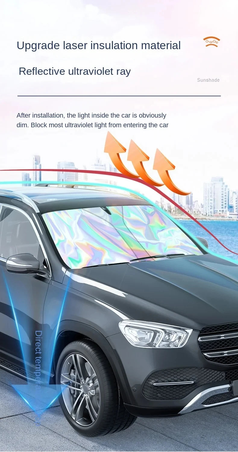 A car windshield is covered with a reflective ultraviolet ray sunshade, blocking light and heat.