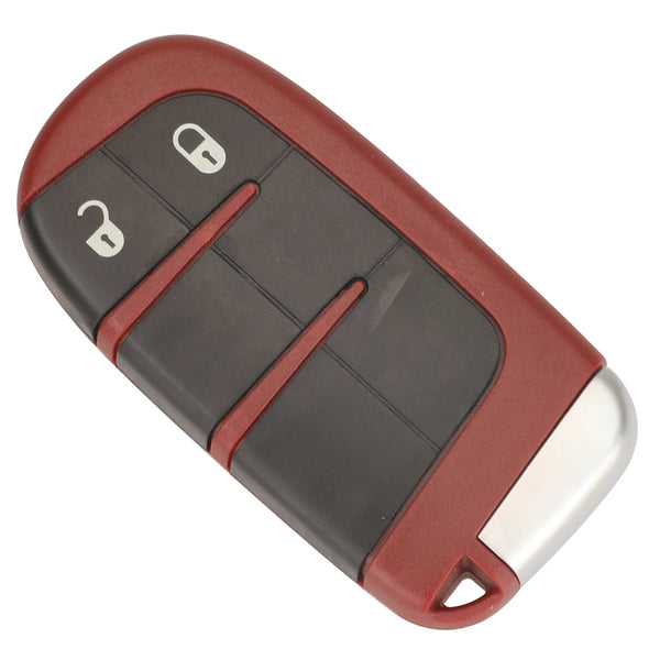 A red and black aftermarket key shell with two key cutouts on the top surface.