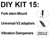 DIY Kit 15 components including a fork stem mount, universal V2 adapters, and vibration dampeners for a motorcycle phone moun