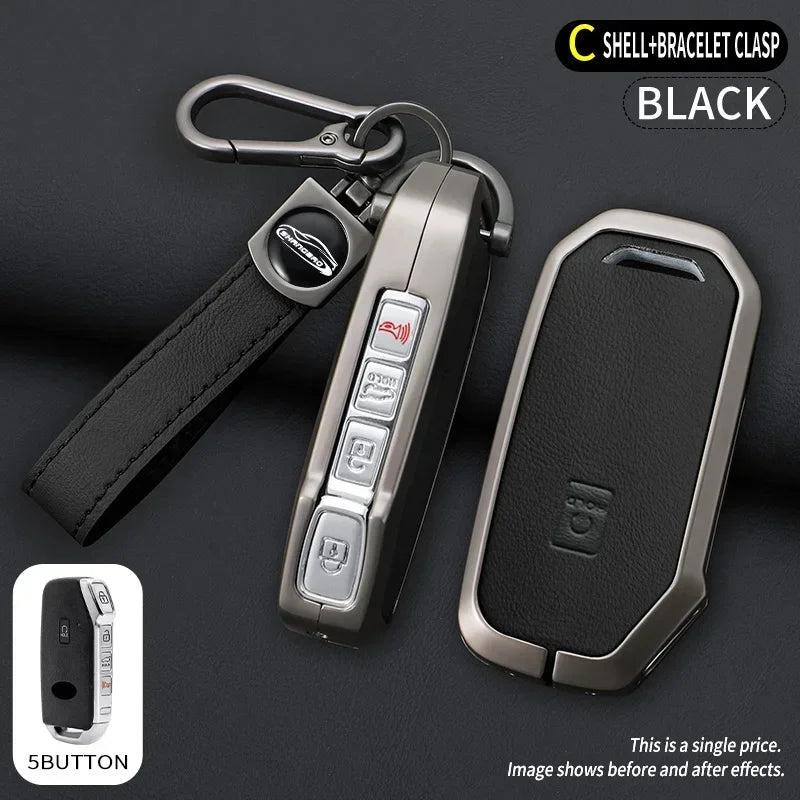 Black shell bracelet clasp key fob cover for Kia vehicles shown with accessories and individual unit.