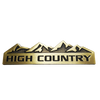 A gold-colored rectangular decal featuring a mountain range silhouette and the text HIGH COUNTRY.