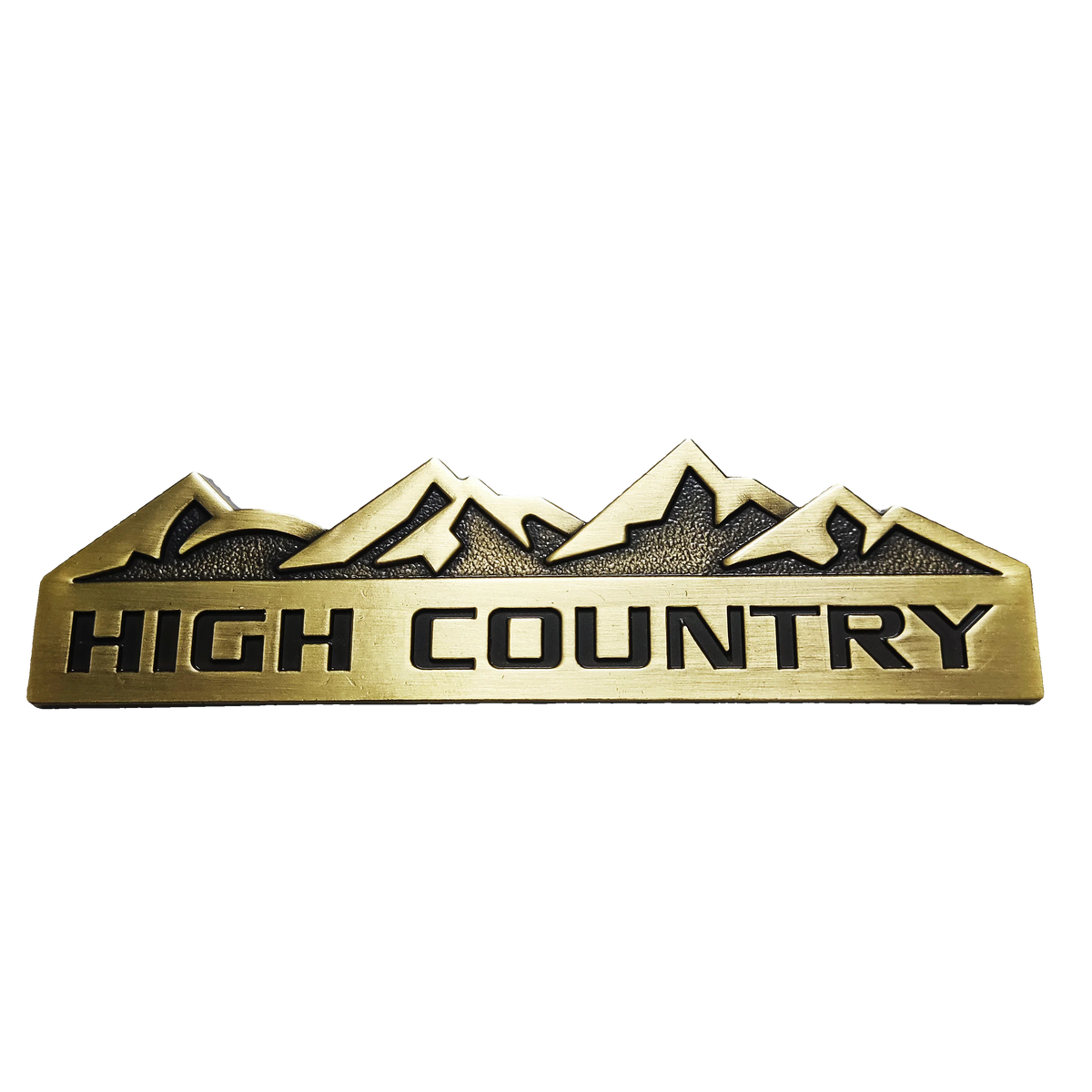 A gold-colored rectangular decal featuring a mountain range silhouette and the text HIGH COUNTRY.