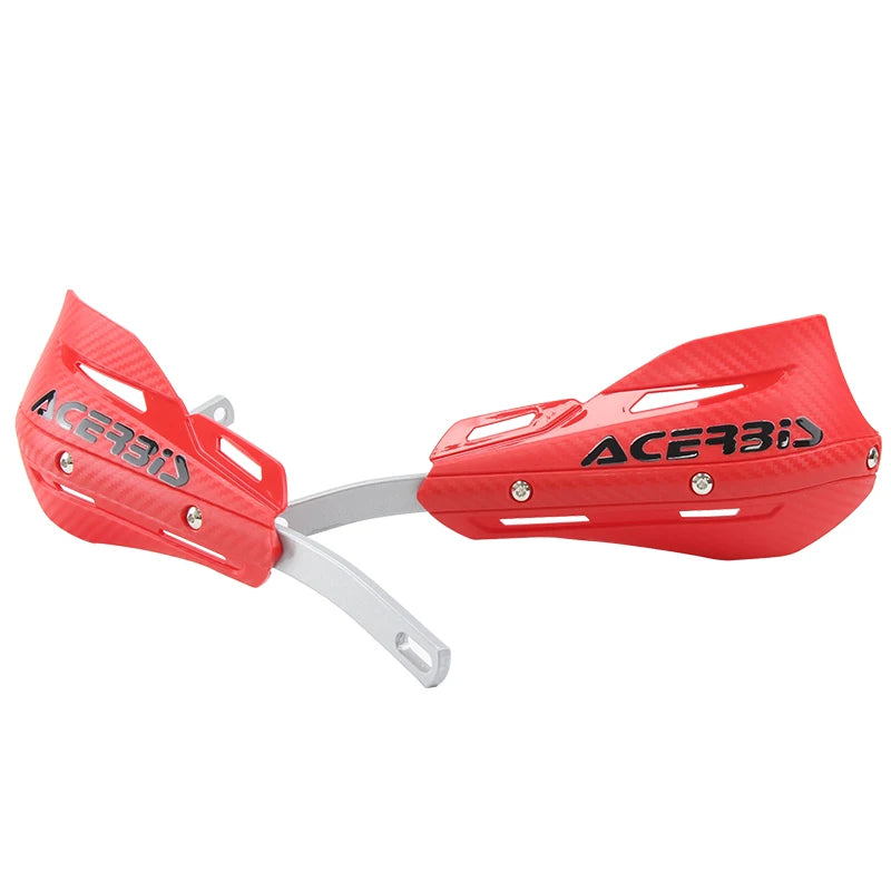 Red Acerbis motorcycle handguard protector for dirt bikes with a silver mounting bracket