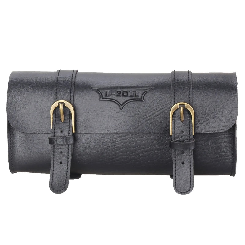 A black PU leather motorcycle handlebar saddlebag with brass hardware.