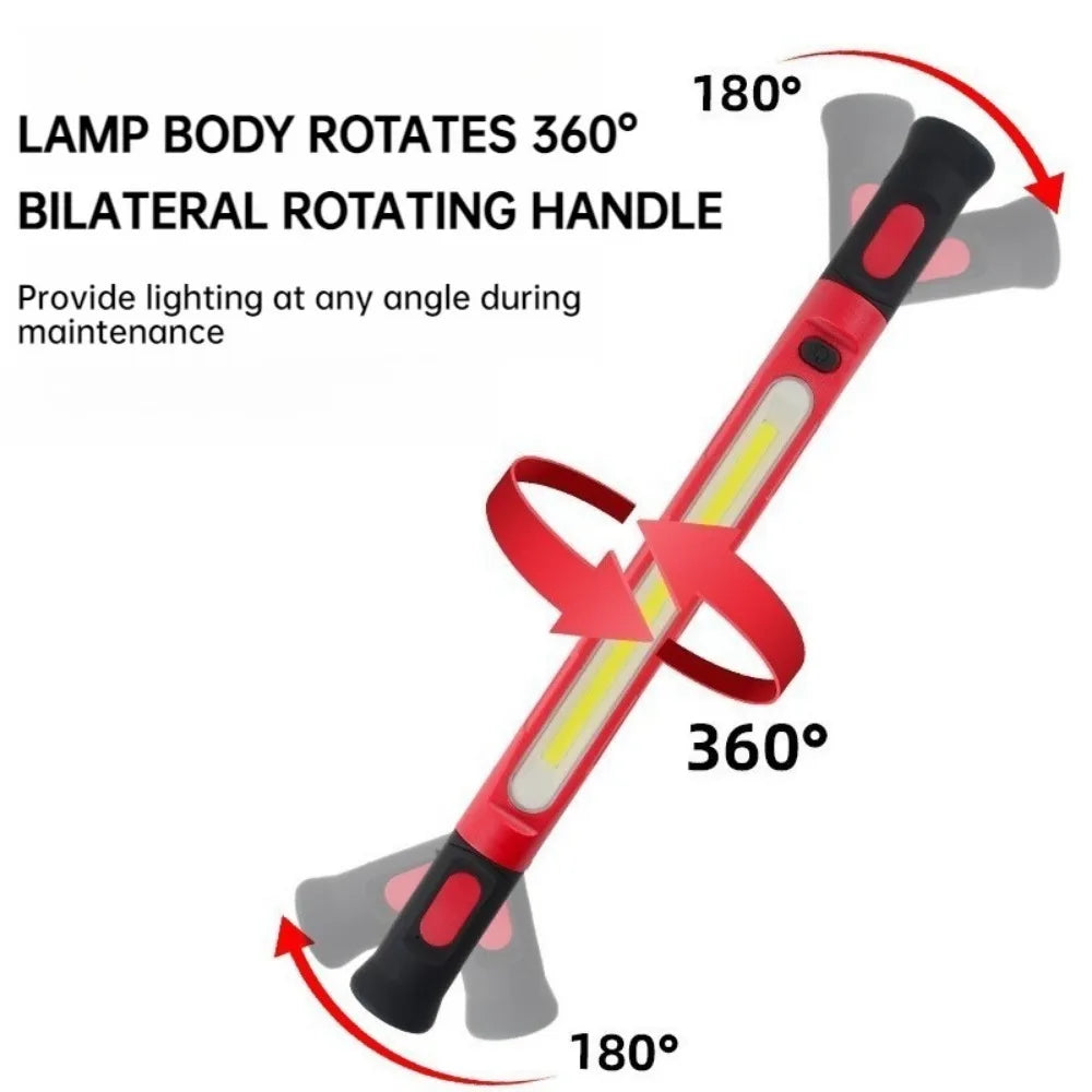 A red magnetic rechargeable work light with a bilateral rotating handle, showing 180 and 360 degree rotation capabilities.