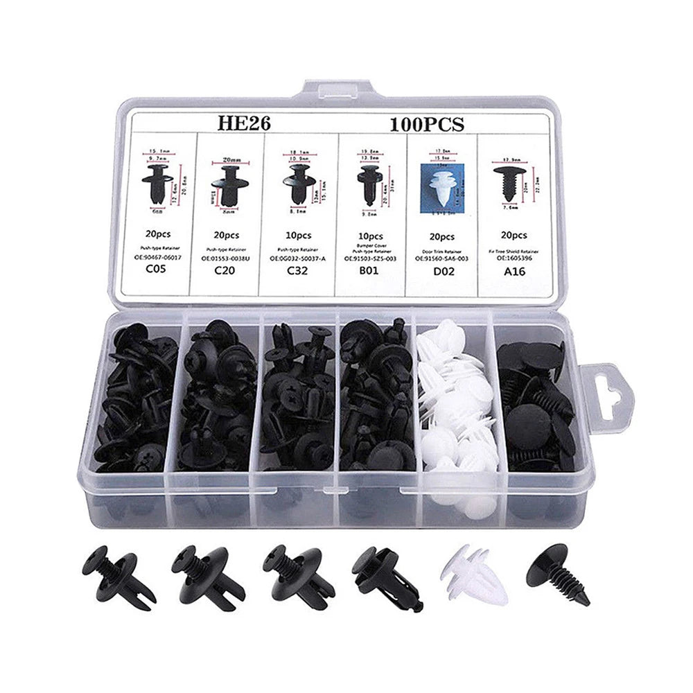 Plastik-Aufbewahrungsbox mit verschiedenen Größen von Auto-Halteclips und einem Satz einzelner Clips.