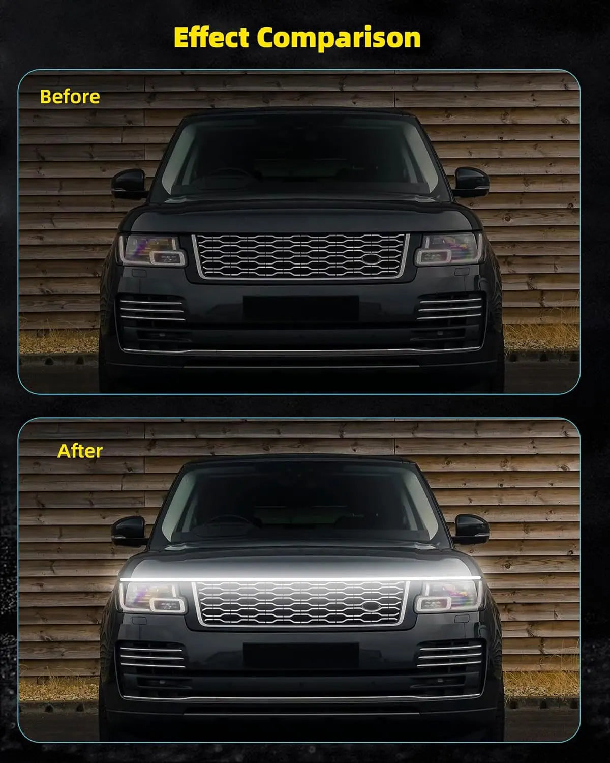 Comparaison avant/après de la calandre d'une voiture avec des bandes lumineuses LED dynamiques installées.