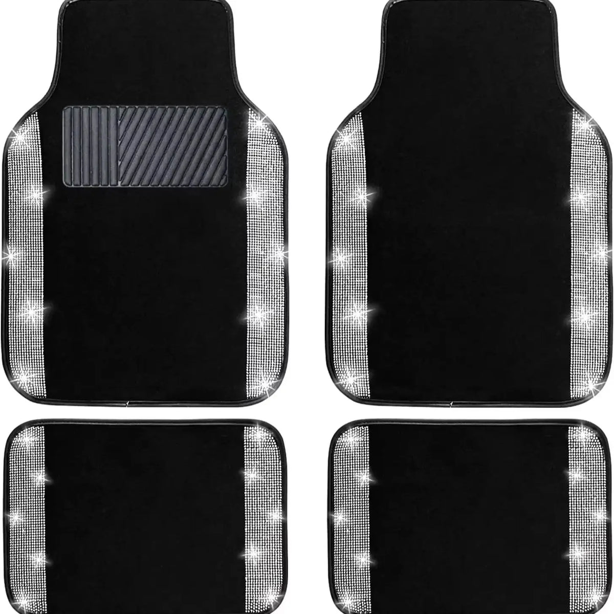 A set of black car floor mats with sparkling diamond accents.
